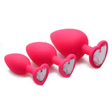 Red Hearts 3 Piece Silicone Anal Plugs with Gem Accents