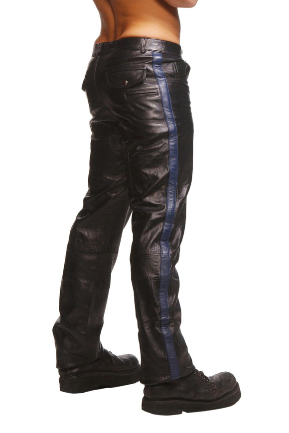 Police Leather Pants with Blue Stripe